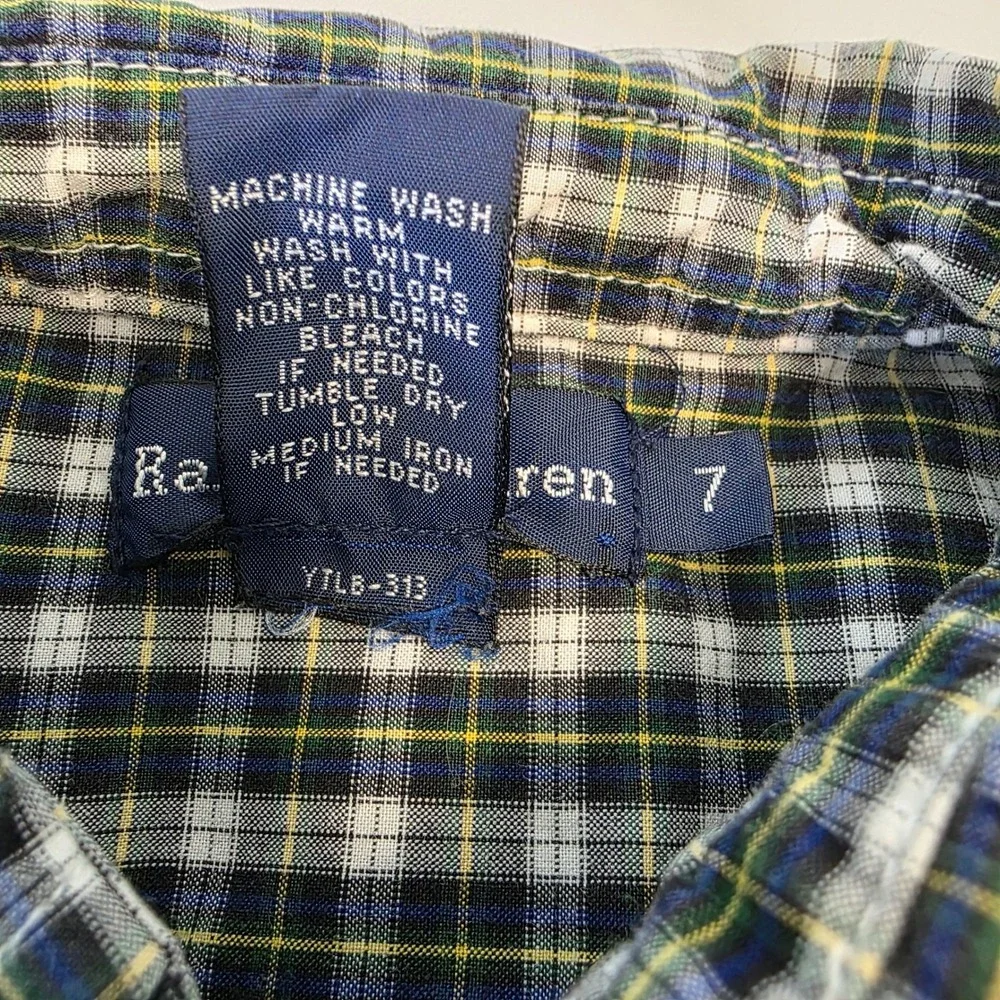 Ralph Lauren Boys Plaid Button Down Shirt Navy Green Yellow Cotton Size  7